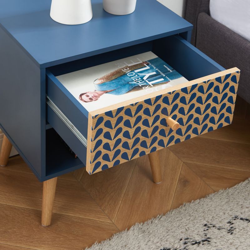 Table de chevet CAPUCINE bleu pétrole et effet chêne 40cm