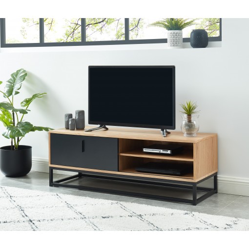 Meuble TV d'angle - BAÏTA - Gamme LYNA - Blanc et effet chêne - L 115 x P  55 x H 53,5 cm - Cdiscount Maison