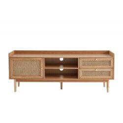 Meuble TV LEON Bois et Cannage naturel 1 porte et 2 tiroirs - L160cm