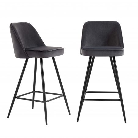 Lot de 2 Tabourets EUGENE Velours gris foncé pieds noir Hauteur d'assise 72 cm