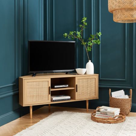 BAÏTA Meuble TV d'angle - Décor Blanc et chêne - Style Industriel - L 115 x  P 55 x H 53,5cm - LYNA : : Cuisine et Maison