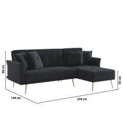 Canapé d'angle AROMA convertible velours noir 4 places