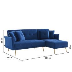 Canapé d'angle AROMA convertible velours bleu 4 places