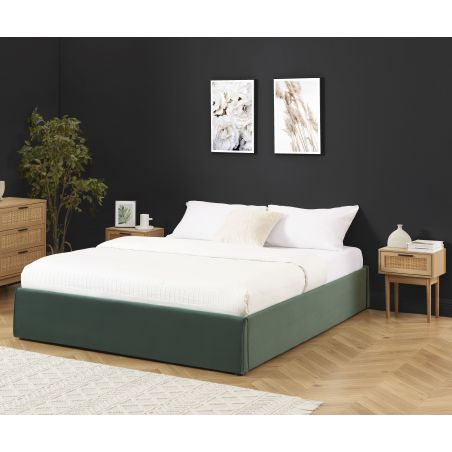 Lit coffre SAKURA velours vert forêt 140x190 sommier inclus