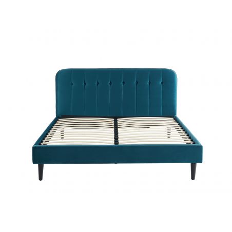 Lit double ANDRE velours bleu paon 160x200 sommier inclus