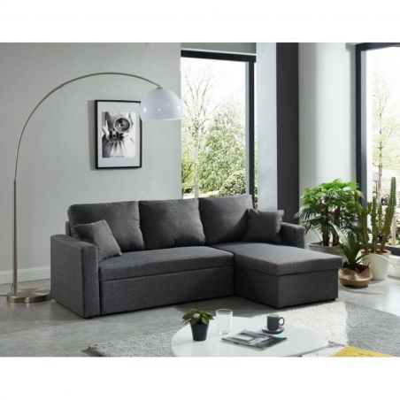 Canapé d'angle ASPEN convertible, réversible et coffre en tissu gris chiné