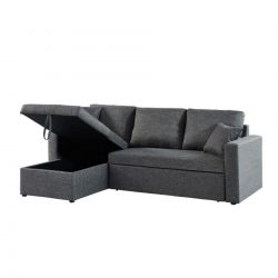 Canapé d'angle ASPEN convertible, réversible et coffre en tissu gris chiné