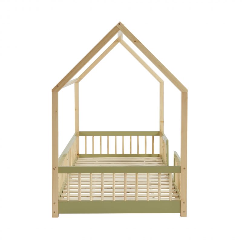 Lit Cabane Avec Barrières TINY Pin Et Vert 90x190 Sommier Inclus