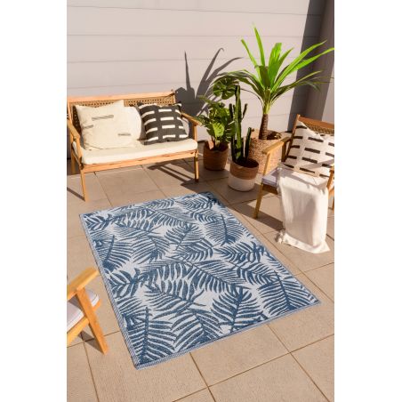 Tapis CORFOU bleu motif feuilles 150x220cm