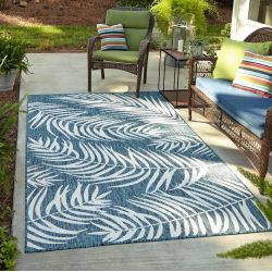 Tapis IBIZA bleu motif feuilles 200x290cm