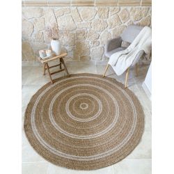 Tapis MENORCA rond marron et blanc aspect jute 160x160cm