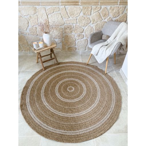 Tapis d'extérieur MENORCA rond marron et blanc aspect jute 160x160cm