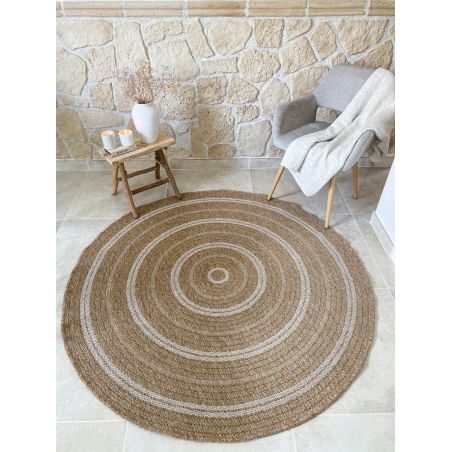 Tapis MENORCA rond marron et blanc aspect jute 160x160cm