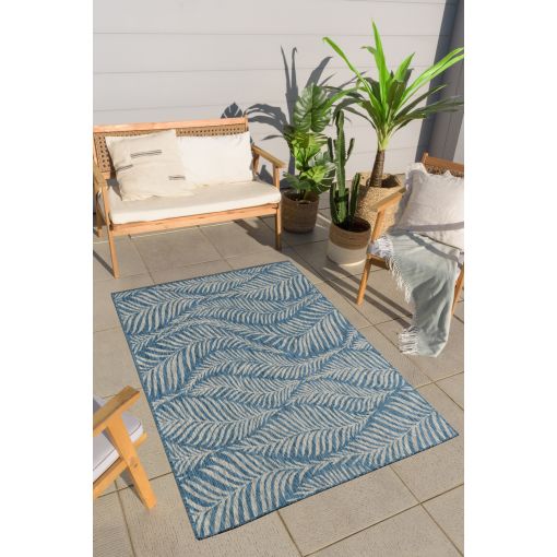 Tapis d'extérieur SAONA bleu motif feuilles 160x230cm