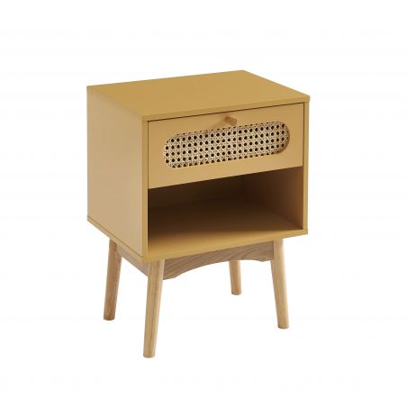 Table de chevet SIXTINE jaune safran et cannage rotin 40cm