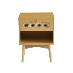 Table de chevet SIXTINE jaune safran et cannage rotin 40cm