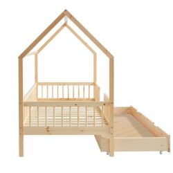 Lit cabane avec barrières TINY pin massif 90x190 sommier + tiroir inclus