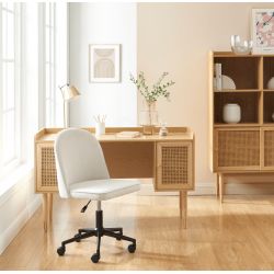 Ensemble bureau LEON placage chêne et cannage rotin 1 chaise velours côtelé blanc