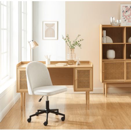 Ensemble bureau LEON placage chêne et cannage rotin 1 chaise velours côtelé blanc