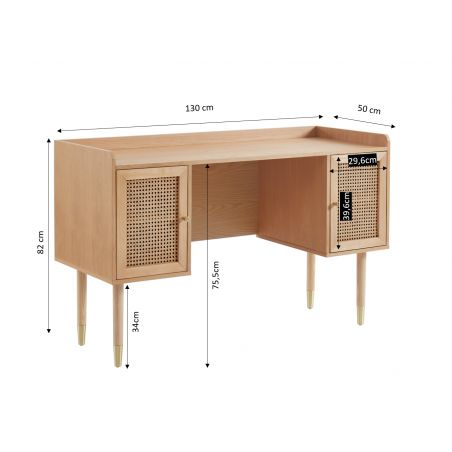 Ensemble bureau LEON placage chêne et cannage rotin 1 chaise velours côtelé blanc