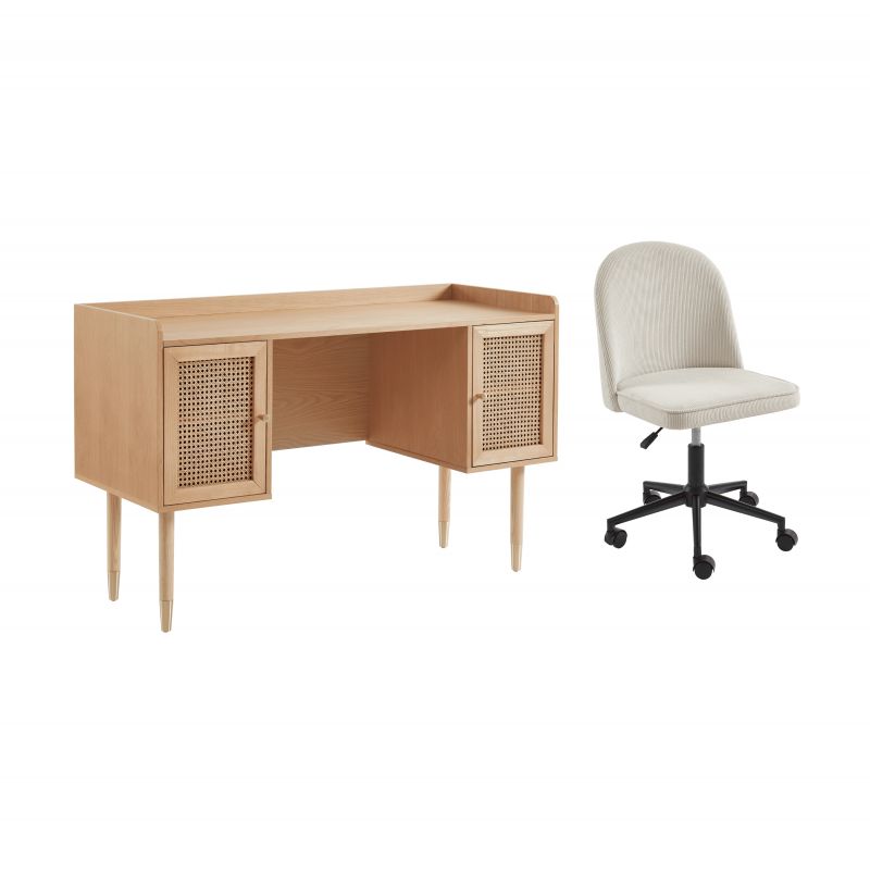 Ensemble bureau LEON placage chêne et cannage rotin 1 chaise velours côtelé blanc