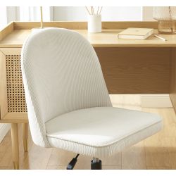 Ensemble bureau LEON placage chêne et cannage rotin 1 chaise velours côtelé blanc