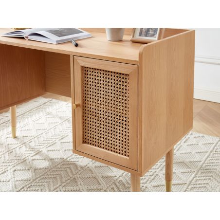 Ensemble bureau LEON placage chêne et cannage rotin 1 chaise velours côtelé blanc