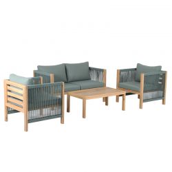 Salon de jardin LAFITENIA en bois d'acacia et corde 4 places coussins vert