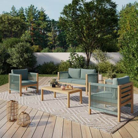 Salon de jardin LAFITENIA en bois d'acacia et corde 4 places coussins vert