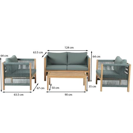 Salon de jardin LAFITENIA en bois d'acacia et corde 4 places coussins vert