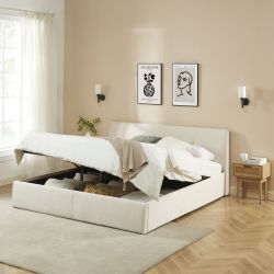 Lit coffre SEGURO velours beige crème 140x190 sommier inclus