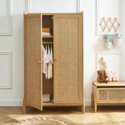 Armoire PABLO effet bois et cannage rotin 2 portes