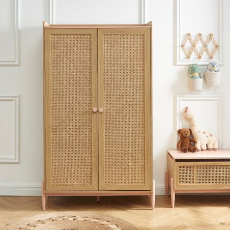 Armoire PABLO rose et cannage rotin 2 portes