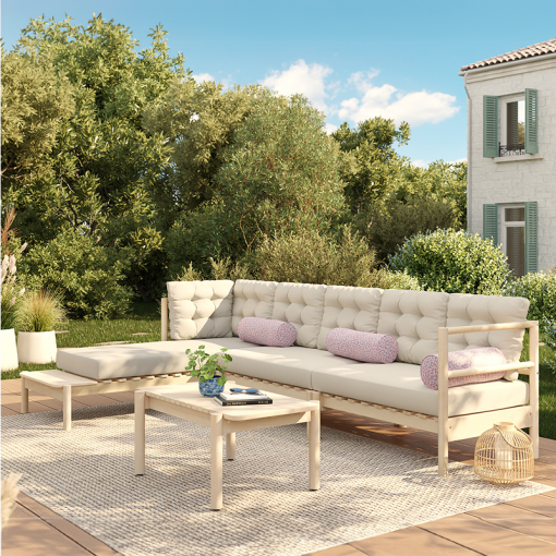 Salon de jardin SAMOA 5 places en bois d'acacia FSC blanchi avec coussins beige