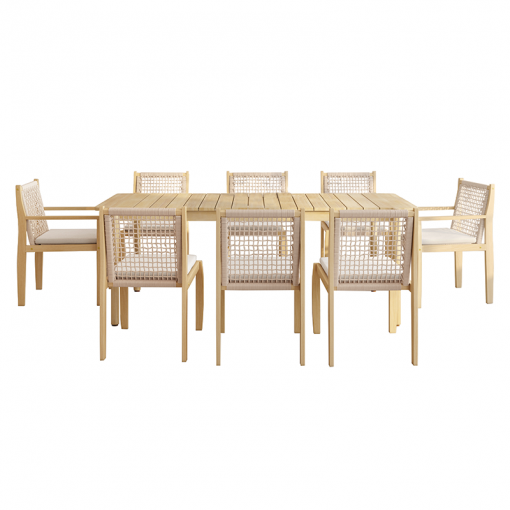 Ensemble table 210cm, 6 chaises et 2 fauteuils SAMOA en bois d'acacia FSC blanchi