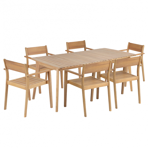 Ensemble table PERLA en bois d'acacia FSC 180 cm et 6 fauteuils