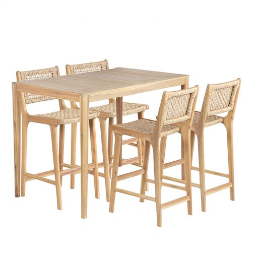 Ensemble table et 4 chaises KUTA hautes en bois d'acacia FSC blanchi