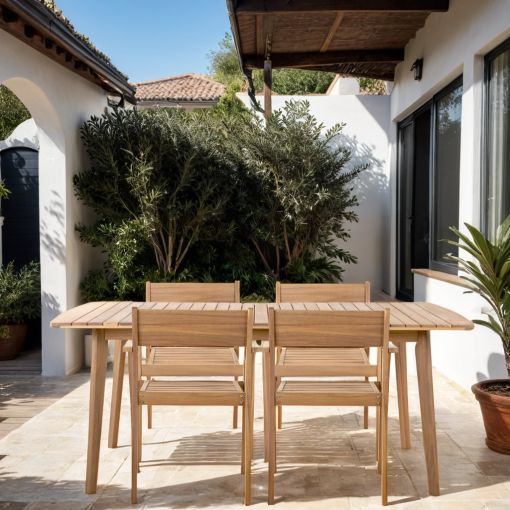 Ensemble table PERLA en bois d'acacia FSC 180 cm et 4 fauteuils