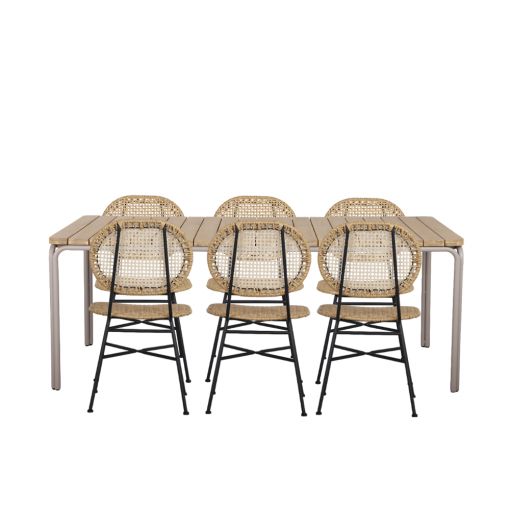 Ensemble table ASTI en bois d'acacia FSC 200 cm et 6 chaises de jardin naturelles