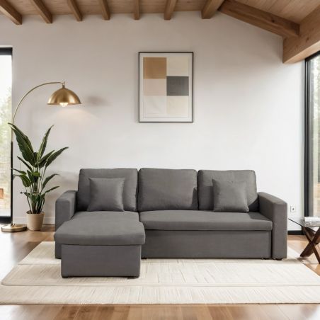 Canapé d'angle ASPEN convertible, réversible et coffre en tissu gris