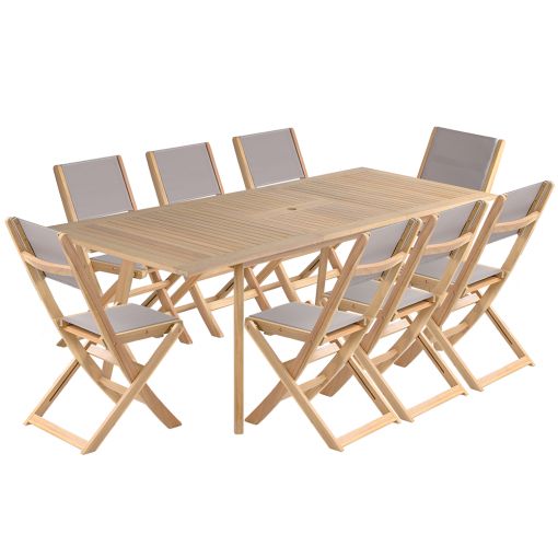 Ensemble table et 8 chaises MOLA 160/220cm bois d'acacia et textilène