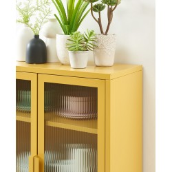 Buffet PANTONE jaune moutarde portes en verre cannelé