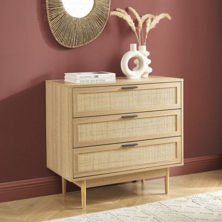 Commode AMANA effet chêne et cannage rotin 3 tiroirs 80cm