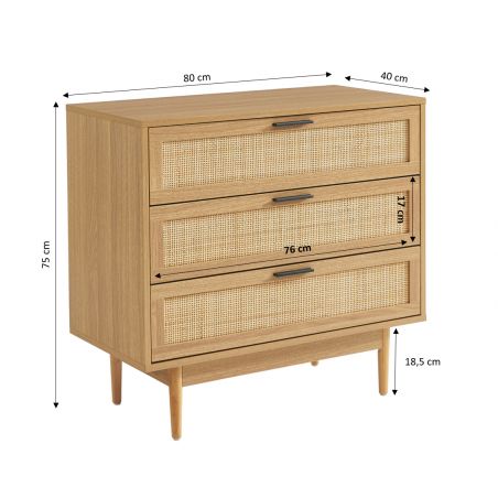 Commode AMANA effet chêne et cannage rotin 3 tiroirs 80cm