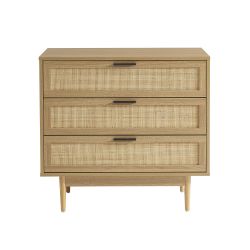 Commode AMANA effet chêne et cannage rotin 3 tiroirs 80cm