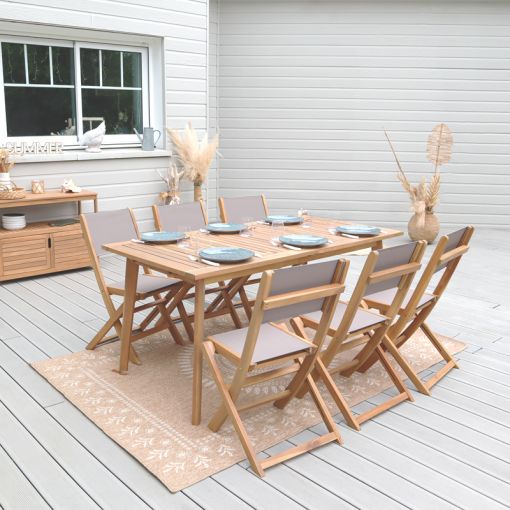 Ensemble table et chaises MOLA 6 places extensible 160/220 cm en bois d'acacia FSC blanchi et textilène