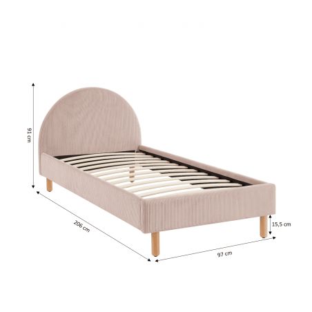 Lit enfant MAGNUS velours cotelé rose poudré 90x190 sommier inclus