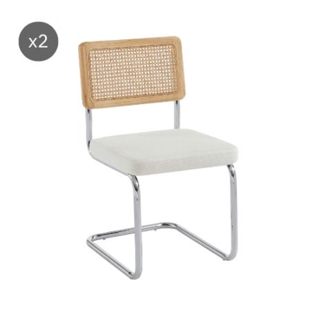 Lot de 2 chaises ELLA cannage et velours côtelé écru pieds métal chromé