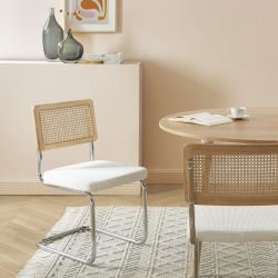 Lot de 2 chaises ELLA cannage et velours côtelé écru pieds métal chromé