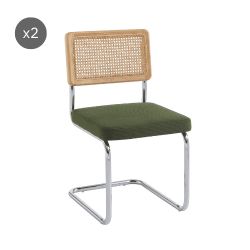 Lot de 2 chaises ELLA cannage et velours côtelé kaki pieds métal chromé